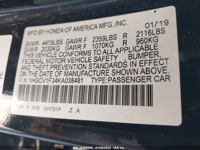 Honda Accord Sport 2019 1HGCV1F34KA038481 Image 9