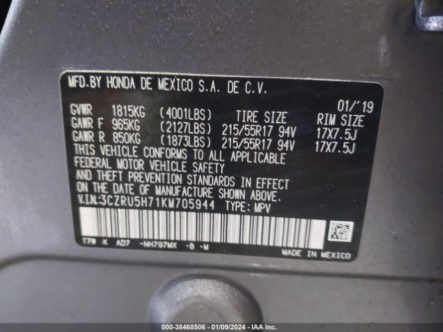 3CZRU5H71KM705944 Honda Hr-v Ex-l