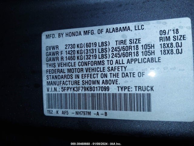 Honda Ridgeline Rtl-e 2019 5FPYK3F79KB017099 Image 9