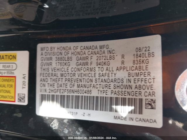 2HGFE2F56NH600486 Honda Civic Sport
