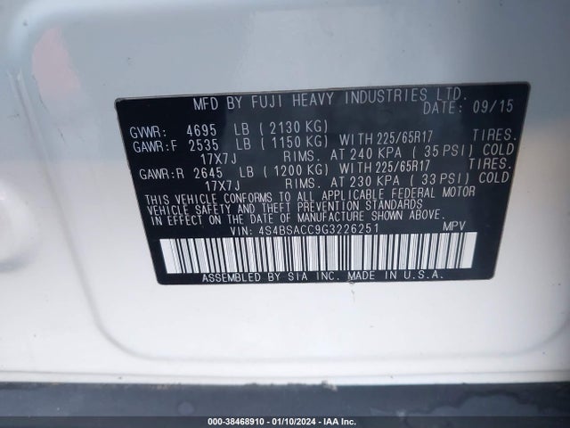 Subaru Outback 2.5i Premium 2016 4S4BSACC9G3226251 Image 9