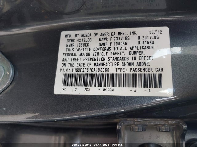 2012 HONDA ACCORD 2.4 SE VIN: 1HGCP2F67CA198060