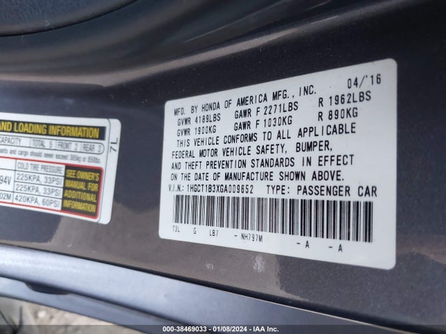 Honda Accord Lx-s 2016 1HGCT1B3XGA009652 Image 9