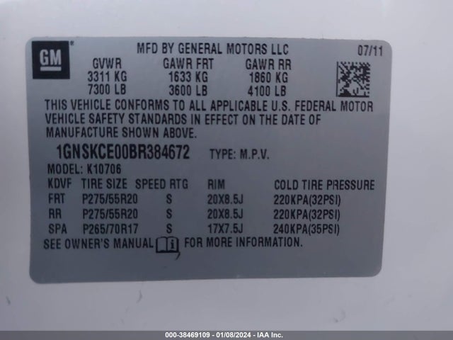 38469109 :رقم المزاد ، 1GNSKCE00BR384672 vin ، 2011 Chevrolet Tahoe Ltz مزاد بيع