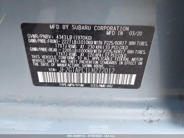 2020 SUBARU CROSSTREK PREMIUM VIN: JF2GTAPC1LH272012