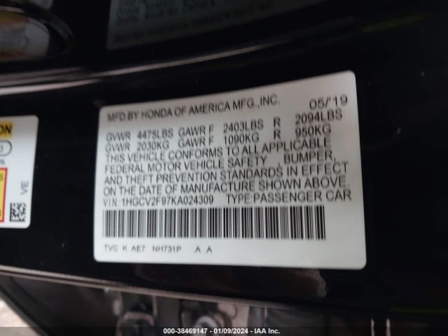 1HGCV2F97KA024309 Honda Accord Touring 2.0t