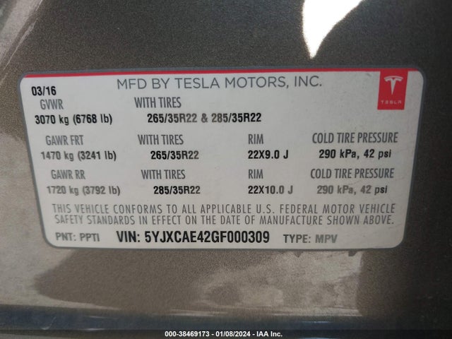 2016 TESLA MODEL X 5YJXCAE42GF000309 Photo 8
