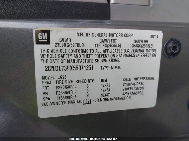 2005 CHEVROLET EQUINOX LT VIN: 2CNDL73FX56071251