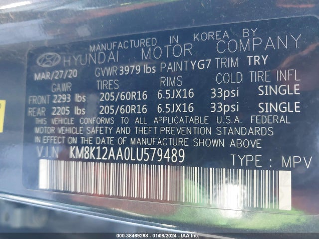2020 HYUNDAI KONA SE VIN: KM8K12AA0LU579489