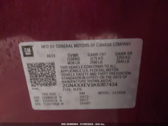 2019 CHEVROLET EQUINOX 2GNAXXEV1K6307434 Photo 8