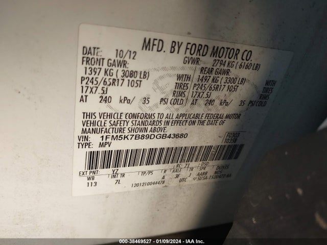 38469527 :رقم المزاد ، 1FM5K7B89DGB43680 vin ، 2013 Ford Explorer مزاد بيع
