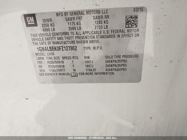 Chevrolet EQUINOX 1LT 2015 1GNALBEK0FZ127862 Image 9