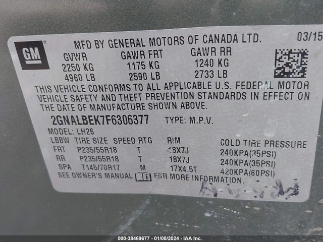 Chevrolet EQUINOX 1LT 2015 2GNALBEK7F6306377 Image 9