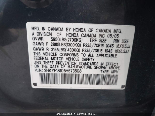 2005 HONDA PILOT LX VIN: 2HKYF18105H573608