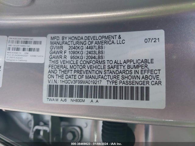 2021 HONDA ACCORD HYBRID TOURING VIN: 1HGCV3F99MA019217