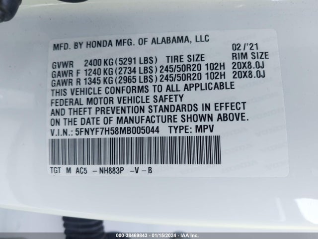 Honda Passport 2wd Ex-l 2021 5FNYF7H58MB005044 Image 9