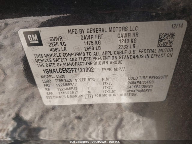 Chevrolet Equinox 2lt 2015 1GNALCEK5FZ121092 Image 9