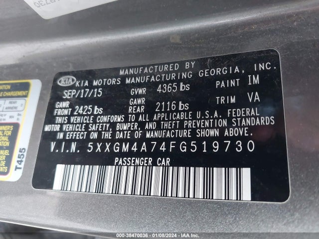 38470036 :رقم المزاد ، 5XXGM4A74FG519730 vin ، 2015 Kia Optima Lx مزاد بيع