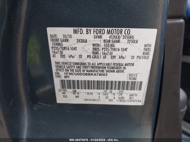 2011 FORD ESCAPE XLT VIN: 1FMCU0DG6BKA74003
