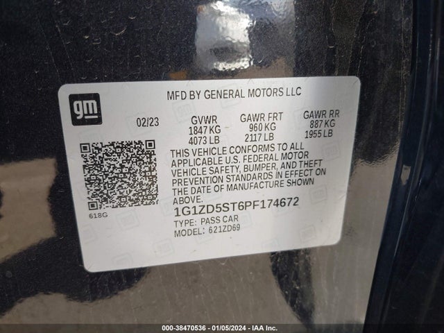 38470536 :رقم المزاد ، 1G1ZD5ST6PF174672 vin ، 2023 Chevrolet Malibu Fwd 1lt مزاد بيع