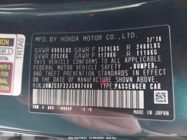 JHMZC5F32JC007480 Honda Clarity Plug-in Hybrid Touring