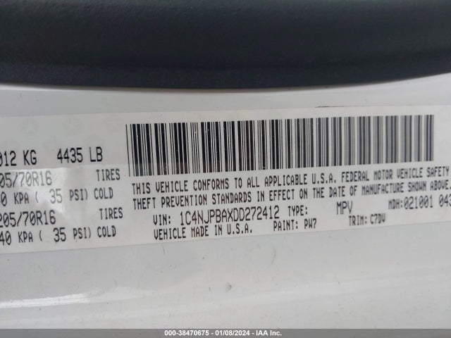 2013 JEEP PATRIOT SPORT VIN: 1C4NJPBAXDD272412