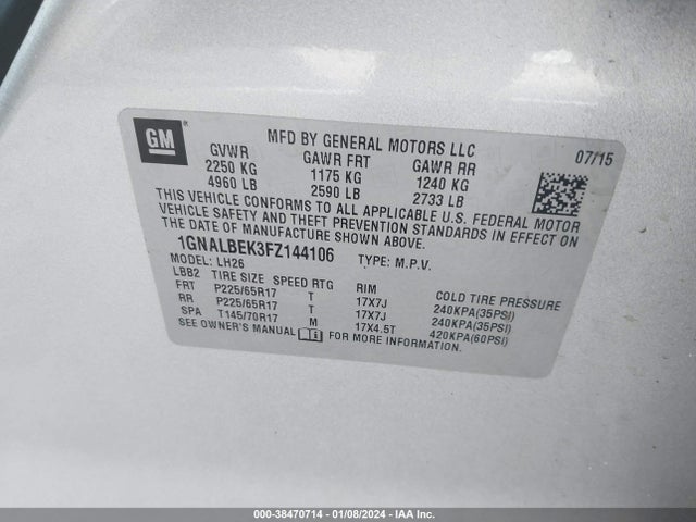 Chevrolet EQUINOX 1LT 2015 1GNALBEK3FZ144106 Image 9