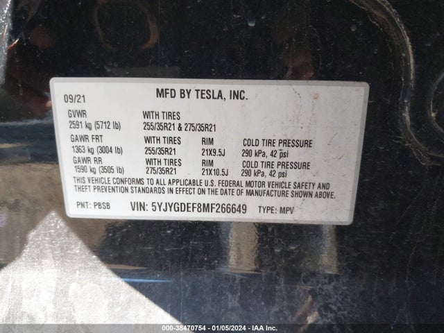 2021 TESLA MODEL Y 5YJYGDEF8MF266649 Photo 8