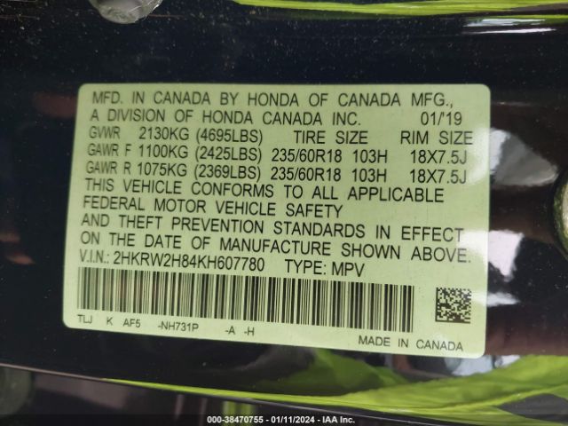 2HKRW2H84KH607780 Honda Cr-v Ex-l