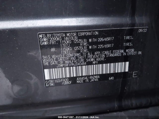 2022 TOYOTA RAV4 XLE VIN: JTMP1RFV9NJ040484