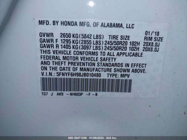 5FNYF6H98JB010480 Honda Pilot Touring