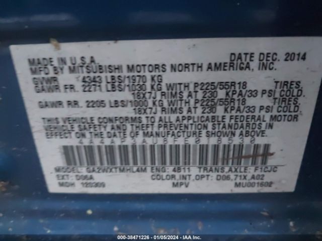 4A4AP3AU8FE018530 Mitsubishi Outlander Sport Es