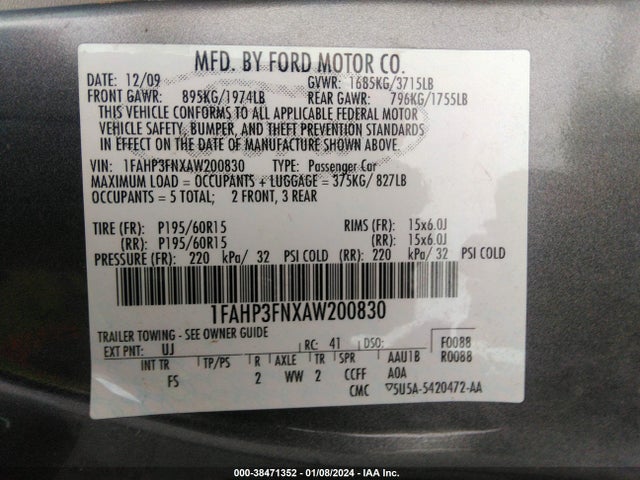 2010 FORD FOCUS SE VIN: 1FAHP3FNXAW200830