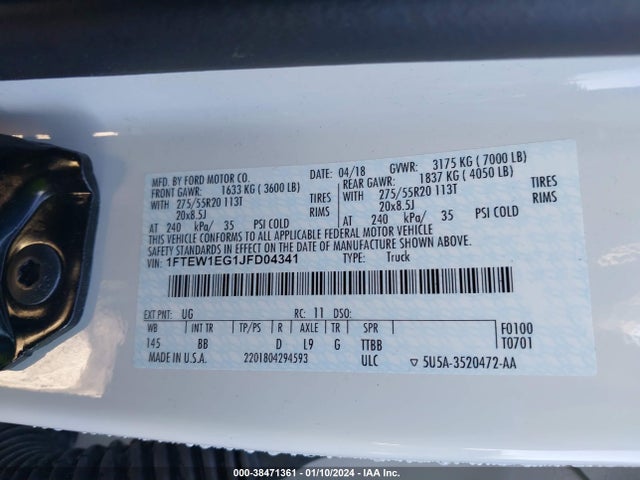 2018 FORD F-150 PLATINUM VIN: 1FTEW1EG1JFD04341