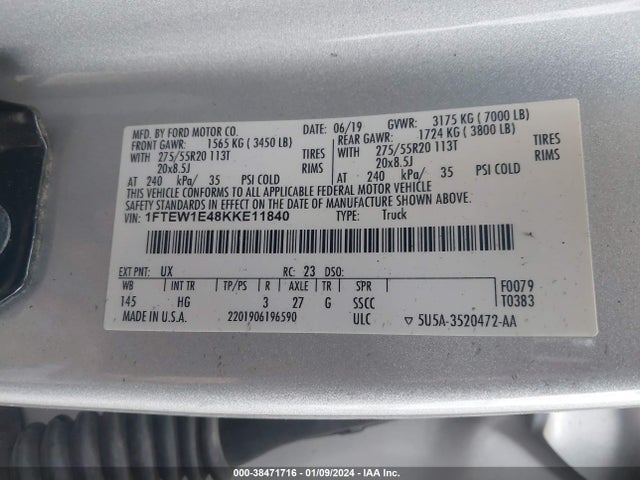 Ford F-150 Lariat 2019 1FTEW1E48KKE11840 Image 9