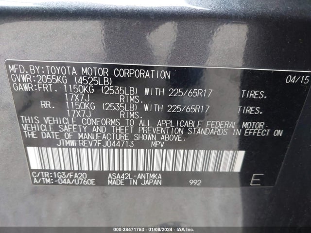 2015 TOYOTA RAV4 XLE VIN: JTMWFREV7FJ044713
