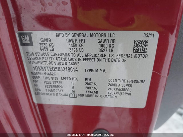 38471791 :رقم المزاد ، 1GKKVTED5BJ319614 vin ، 2011 Gmc Acadia Denali مزاد بيع