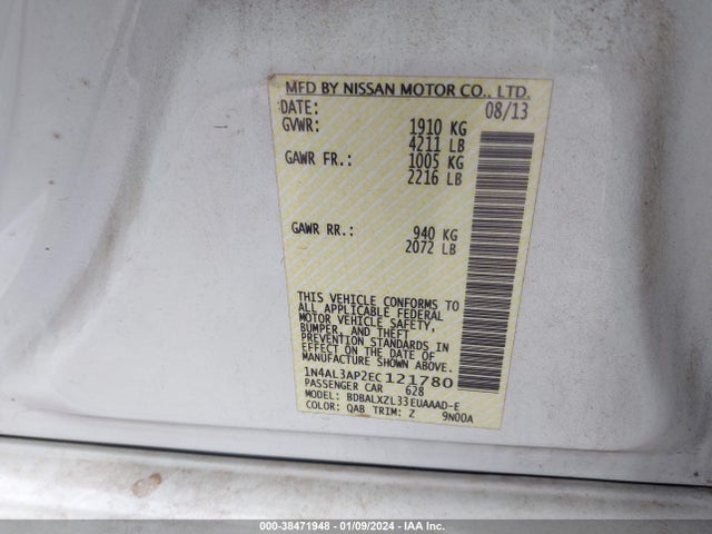 2014 NISSAN ALTIMA 2.5 SL VIN: 1N4AL3AP2EC121780