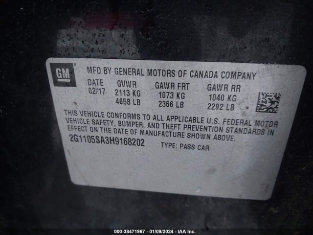 Chevrolet IMPALA 1LT 2017 2G1105SA3H9168202 Image 9