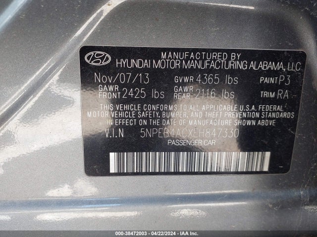 Hyundai SONATA GLS 2014 5NPEB4ACXEH847330 Image 9