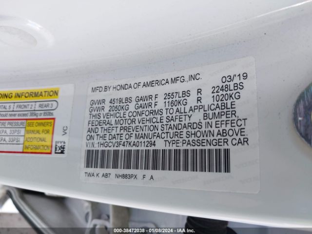 1HGCV3F47KA011294 Honda Accord Hybrid Ex