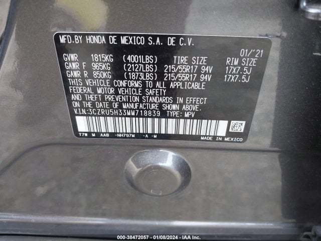 2021 HONDA HR-V 2WD LX VIN: 3CZRU5H33MM718839
