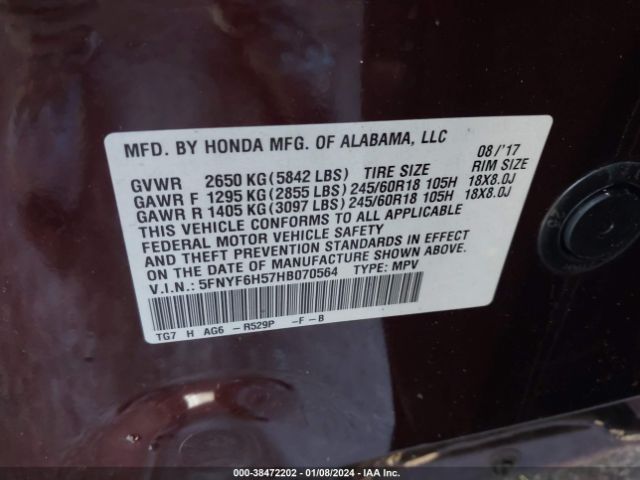 5FNYF6H57HB070564 Honda Pilot Ex-l