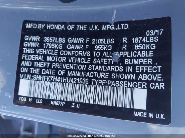 SHHFK7H41HU421936 Honda Civic Sport