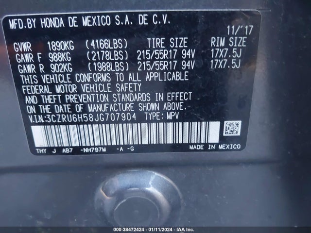 38472424 :رقم المزاد ، 3CZRU6H58JG707904 vin ، 2018 Honda Hr-v Ex مزاد بيع