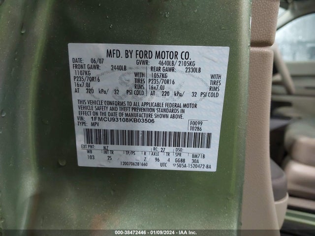 2008 FORD ESCAPE XLT VIN: 1FMCU93108KB03506