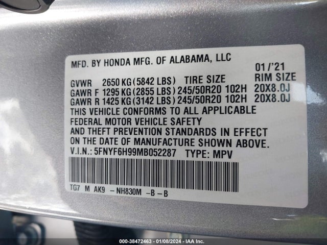 Honda Pilot Awd Touring 8 Passenger 2021 5FNYF6H99MB052287 Image 9