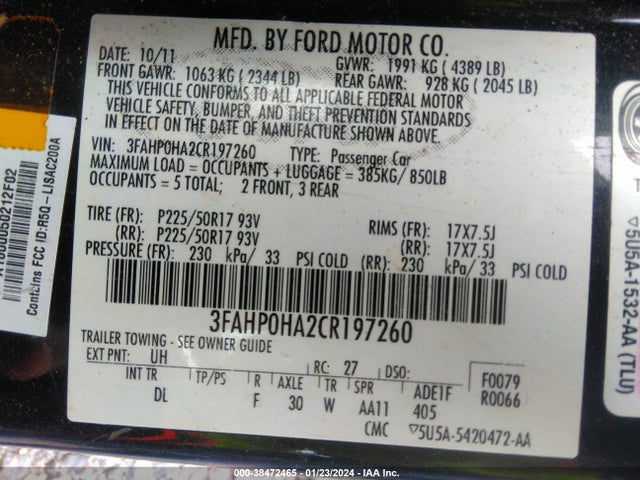 2012 FORD FUSION SE VIN: 3FAHP0HA2CR197260
