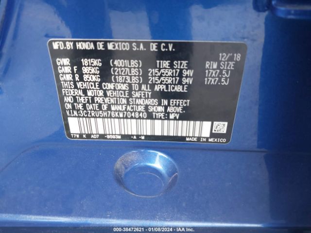 3CZRU5H76KM704840 Honda Hr-v Ex-l