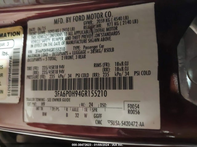Ford FUSION SE 2016 3FA6P0H94GR155210 Image 9